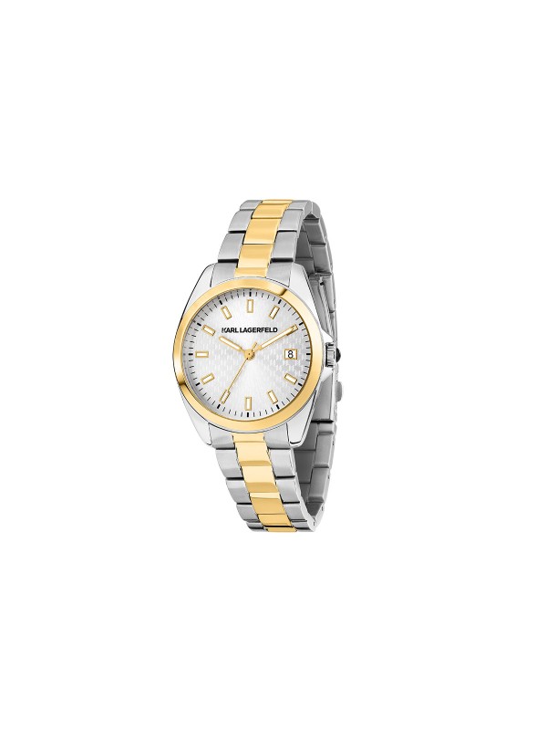 Karl Lagerfeld ROUND ESSENTIALS sat R0553101507 – elegantan ženski sat od čelika sa kućištem u boji srebra i zlatnom koronom. Narukvica u dve boje, srebrni sunray brojčanik sa prikazom datuma. Vodootpornost do 50 m.