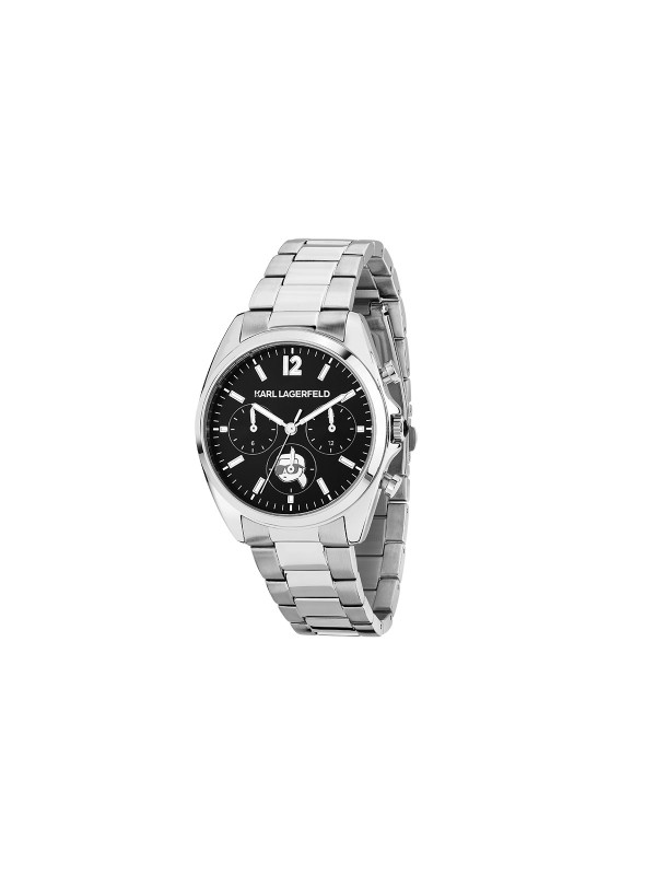Karl Lagerfeld ROUND ESSENTIALS sat R0553101504 – ženski multifunction sat od nerđajućeg čelika u boji srebra sa crnim sunray brojčanikom i Karl portretom na poziciji 6 h. Vodootpornost do 50 m.
