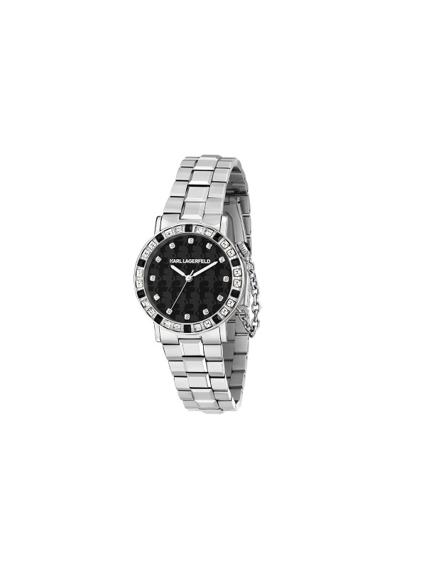 Karl Lagerfeld CRYSTALS sat R0553100502 – elegantan ženski sat u boji srebra sa crnim i providnim kristalima po ivici kućišta, crno‑sivim brojčanikom sa Karl portret printom. Vodootpornost do 50 m.