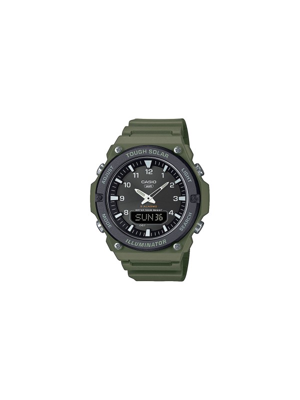 CASIO AQ-S820W-3BVEF – maslinasto zeleni muški sportski sat sa kućištem i narukvicom od gume, solarnom baterijom i multifunkcionalnim LCD ekranom. Sa inspiracijom iz kokpita aviona, nudi funkcije kao što su svetsko vreme, štoperica, 2 tajmera, 5 alarma i vodootpornost do 100m.