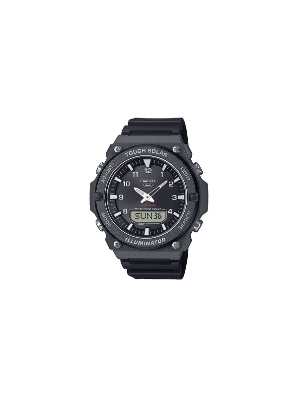 CASIO AQ-S820W-1AVEF – muški sportski sat sa kućištem i narukvicom od crne gume, opremljen solarnom baterijom i LCD ekranom na poziciji 6h. Inspirisan instrument tablama aviona, pruža funkcije kao što su svetsko vreme, štoperica, tajmeri, 5 alarma, višejezični prikaz i vodootpornost do 100m.