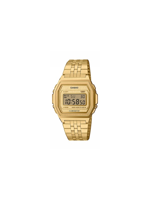 CASIO A1000G-9EF – retro digitalni unisex sat izrađen od nerđajućeg čelika u boji žutog zlata. Sadrži LED osvetljenje, štopericu, dnevni alarm, automatski kalendar i mineralno staklo. Vodootpornost prema ISO 22810 standardu čini ga pogodnim za svakodnevnu upotrebu bez direktnog kontakta s vodom.