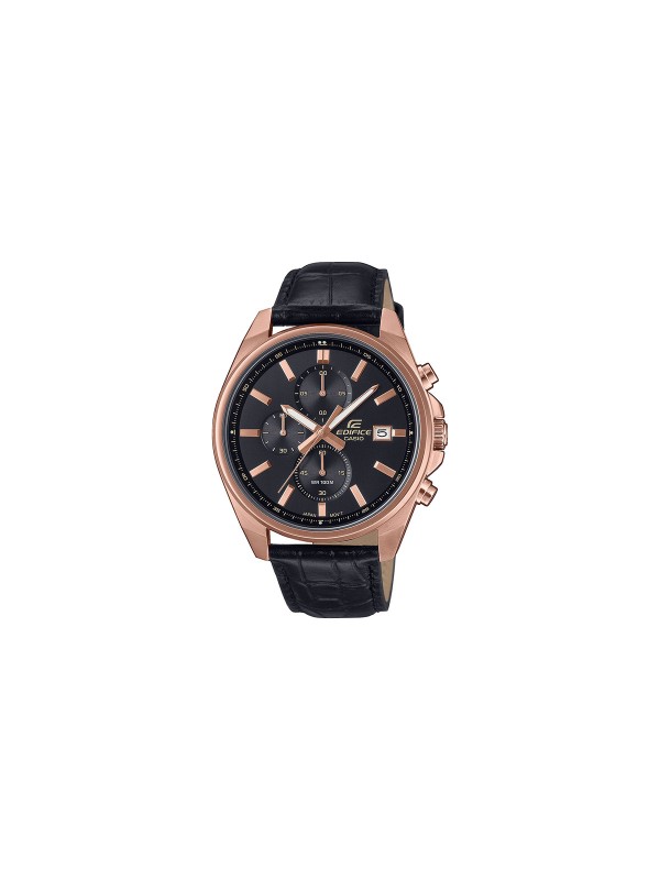 EDIFICE EFV-610ECL-1AUEF – elegantni muški hronograf srednje veličine sa kućištem od nerđajućeg čelika u boji roze zlata i crnom kožnom narukvicom sa kroko printom, funkcionalnim štopericom, prikazom datuma, neon displejom i vodootpornošću do 100m.