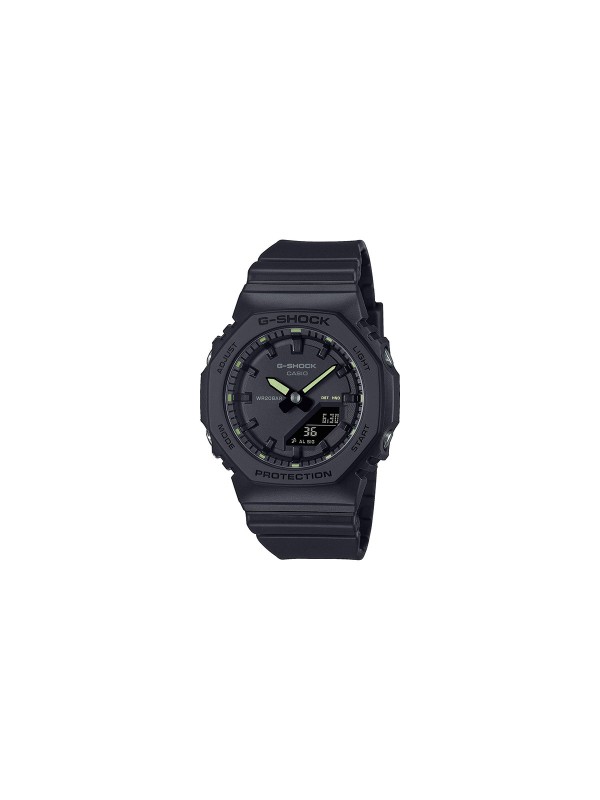 G-SHOCK GMA-P2100SA-1A2ER – kompaktan ženski analogno-digitalni sportski sat u crnoj boji sa neon žutim detaljima i kazaljkama, otporan na udarce, vodootporan do 200m, sa super osvetljenjem, tajmerom, štopericom, svetskim vremenom i 5 dnevnih alarma.