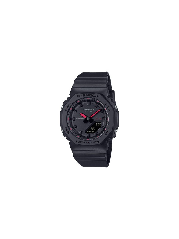 G-SHOCK GMA-P2100SA-1A1ER – kompaktan crni ženski analogno-digitalni sportski sat sa crvenim detaljima na brojčaniku i kazaljkama, otporan na udarce, vodootporan do 200m, sa super osvetljenjem, štopericom, tajmerom, svetskim vremenom i 5 alarma.