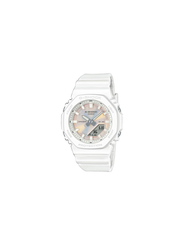 G‑SHOCK GMA‑P2100PC‑7AER – kompaktan ženski analogno‑digitalni sportski sat dimenzija 46 × 40 mm u elegantnoj beloj boji sa polarizovanim brojčanikom koji menja sjaj pod različitim uglom. Vodo­otporan do 200 m, super osvetljenje, mikroštop, tajmer, svetovno vreme, 5 alarma, dugme ton zvuka ON/OFF i otporan na udarce.