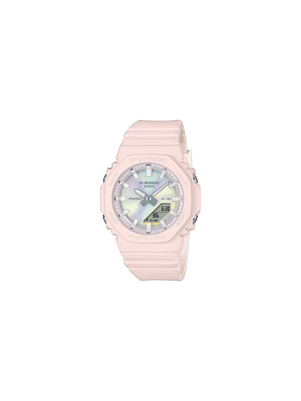 G‑SHOCK GMA‑P2100PC‑4AER – kompaktan ženski analogno‑digitalni sat dimenzija 46 × 40 mm, u pastelno roze boji sa polarizovanim brojčanikom koji menja sjaj u zavisnosti od ugla. Vodootporan do 200 m, 5 alarma, super osvetljenje, otporan na udarce.