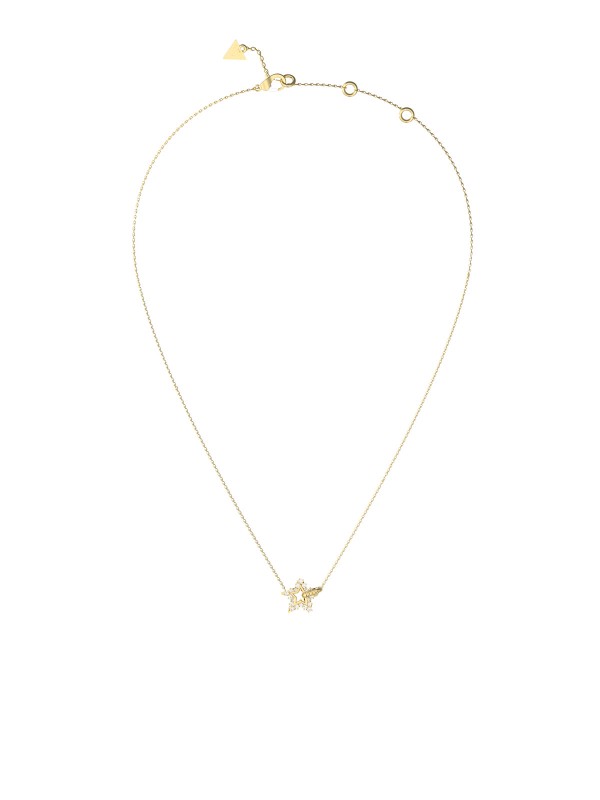 Guess ICONIQUE ogrlica u boji žutog zlata sa nežnom zvezdom ukrašenom cirkonima. Moderan, elegantan detalj koji unosi sjaj u svaku odevnu kombinaciju.