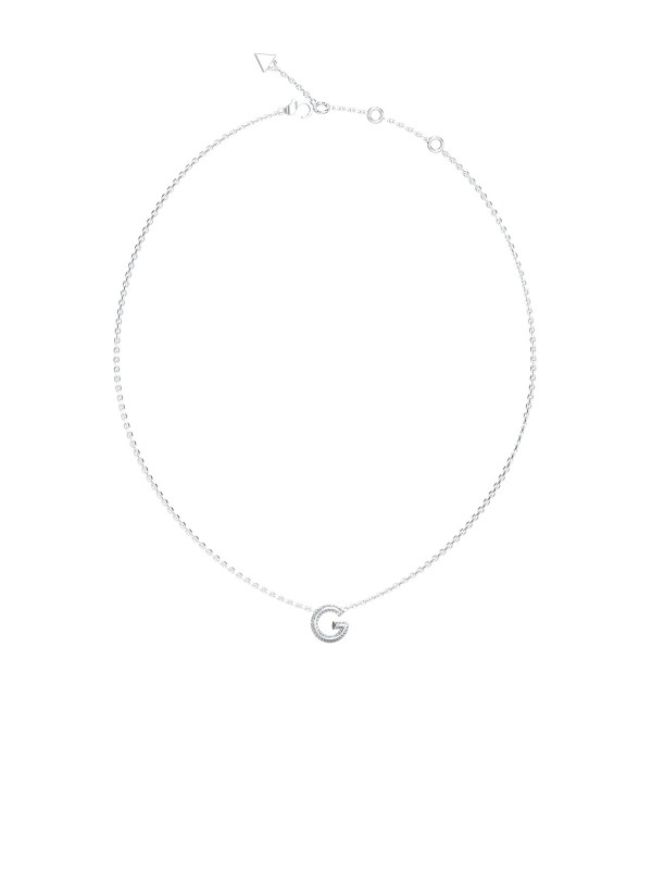 Elegantna Guess G CRYSTAL ogrlica u boji srebra sa tankim lančićem i pavé slovom G. Suptilan luksuz koji se uklapa uz svaki stil.