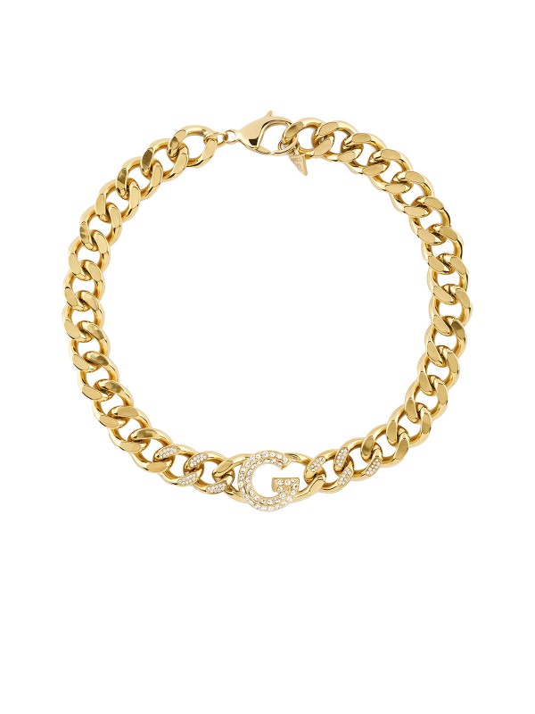 Guess G CRYSTAL ogrlica u boji žutog zlata sa širokim karikama i slovom G ukrašenim cirkonima. Moderan, upečatljiv komad za istančan stil.