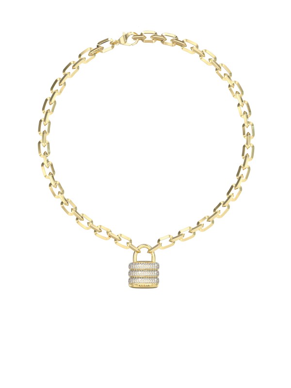 Guess MY SECRET ogrlica u boji žutog zlata sa pavé katanacem. Stilizovan i moderan komad nakita koji unosi luksuzan sjaj u svaki outfit.