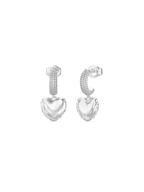 Guess ICONIQUE ženske minđuše u boji srebra, elegantna kombinacija male alke sa cirkonima i privjeska u obliku balon-srca. Moderan i ženstven detalj.