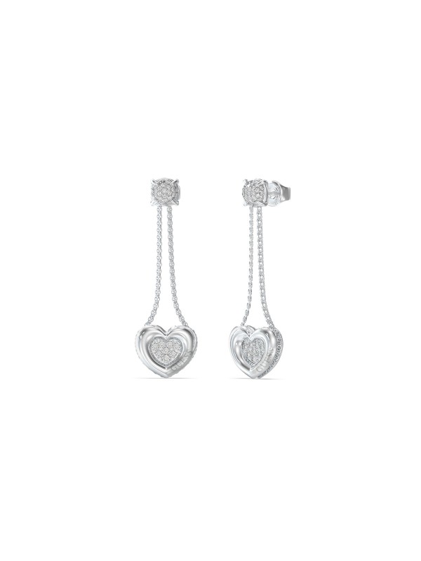 Guess L.O.V.E. viseće minđuše u boji srebra, lančić sa priveskom srca ukrašenim cirkonima. Elegantne, romantične i idealne za moderne kombinacije.