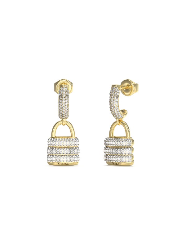 Guess MY SECRET ženske minđuše u boji žutog zlata, alke sa visećim katancom ukrašenim pavé cirkonima. Moderan i efektan detalj koji podiže svaki outfit.