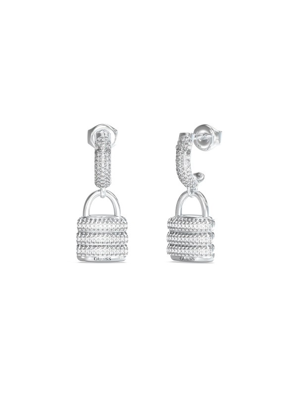 Guess MY SECRET ženske minđuše u boji srebra, alke sa visećim priveskom katanac ukrašenim pavé cirkonima. Moderno, upečatljivo i stilizovano za svaku priliku.