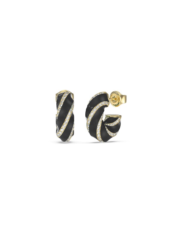 Guess LE MIRAGE ženske male alke u boji žutog zlata, ukrašene crnim emajlom i cirkonima. Elegantne i sofisticirane minđuše koje podižu svaku kombinaciju.