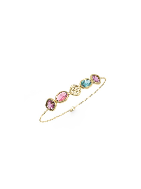 Guess Mamounia ženska narukvica u boji žutog zlata, ukrašena raznobojnim kristalima i dekorativnim 4G detaljem. Moderan, upečatljiv i ženstven aksesoar za svaki stil.