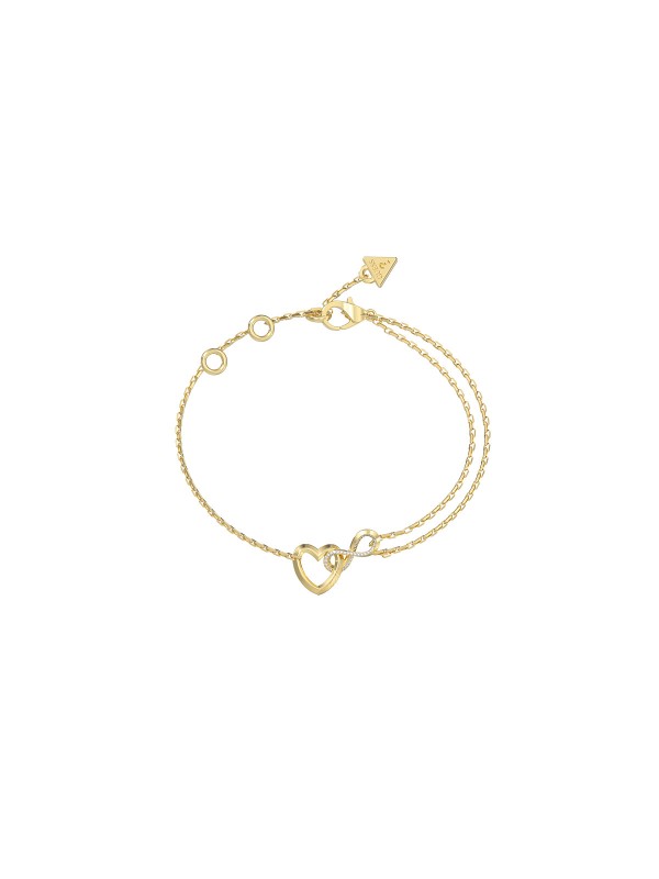 Guess Iconique ženska narukvica u boji žutog zlata sa simbolom beskonačnosti i srcem ukrašenim cirkonima. Topao, sofisticiran aksesoar koji unosi dozu elegancije i romantike.