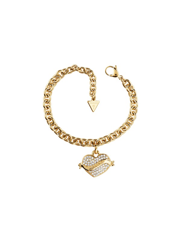 Guess Vintage Guess ženska narukvica u boji žutog zlata, ukrašena visećim srcem sa cirkonima. Moderan i romantičan detalj koji unosi ženstvenost u svaku kombinaciju.