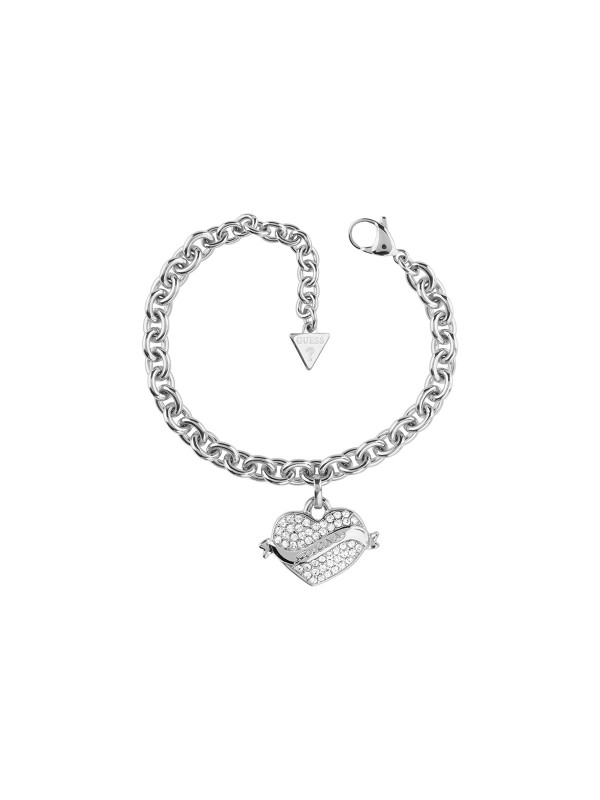 Guess Vintage Guess ženska narukvica u boji srebra sa visećim srcem ukrašenim cirkonima. Retro šarm u modernoj interpretaciji, savršen detalj za elegantne svakodnevne kombinacije.