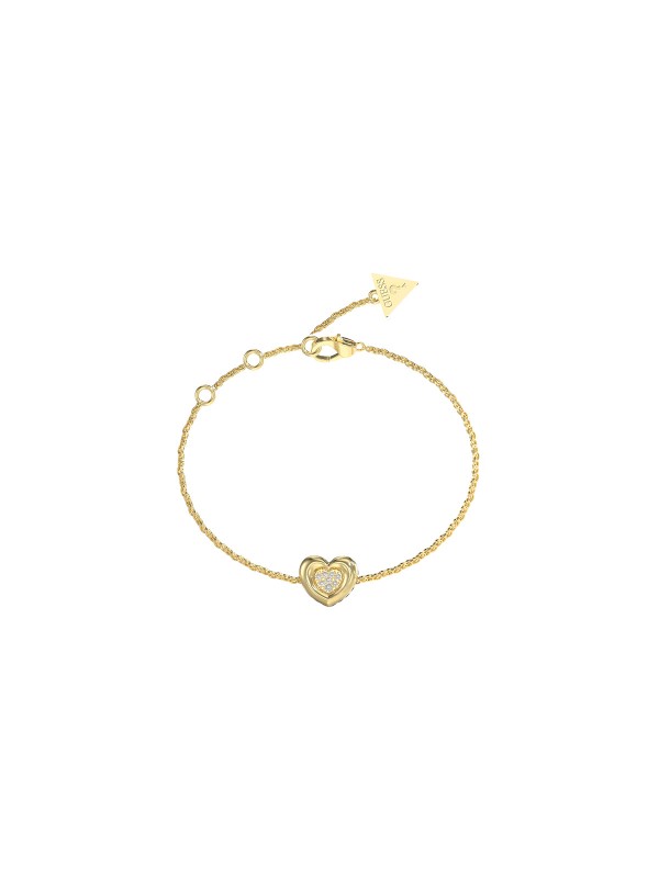 Guess L.O.V.E. tanka ženska narukvica u boji žutog zlata, ukrašena pavé srcem koje donosi moderan sjaj i ženstvenu eleganciju. Odličan izbor za svaki dan i posebne prilike.