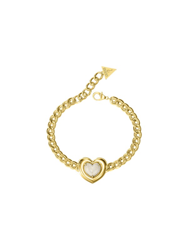 Guess L.O.V.E. ženska narukvica od nerđajućeg čelika u boji žutog zlata, ukrašena pavé srcem koje donosi romantičan sjaj i moderan stil. Elegantna i idealna za svaku priliku.