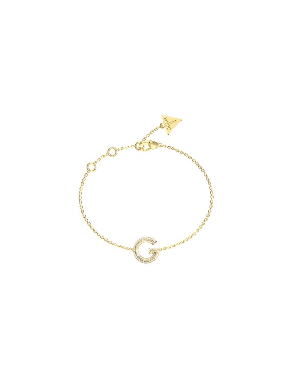 Guess G CRYSTAL JUBB05442JWYGS ženska narukvica od nerđajućeg čelika u boji žutog zlata, ukrašena centralnim slovom G sa cirkonima. Podesiva dužina 14,6 + 3,8 cm.