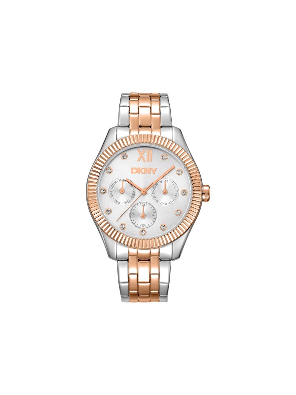 DKNY DK1L128M0095 sportski ženski sat u kombinaciji srebra i roze zlata, sa multifunkcionalnim kvarcnim mehanizmom, cirkonima i čeličnom narukvicom.