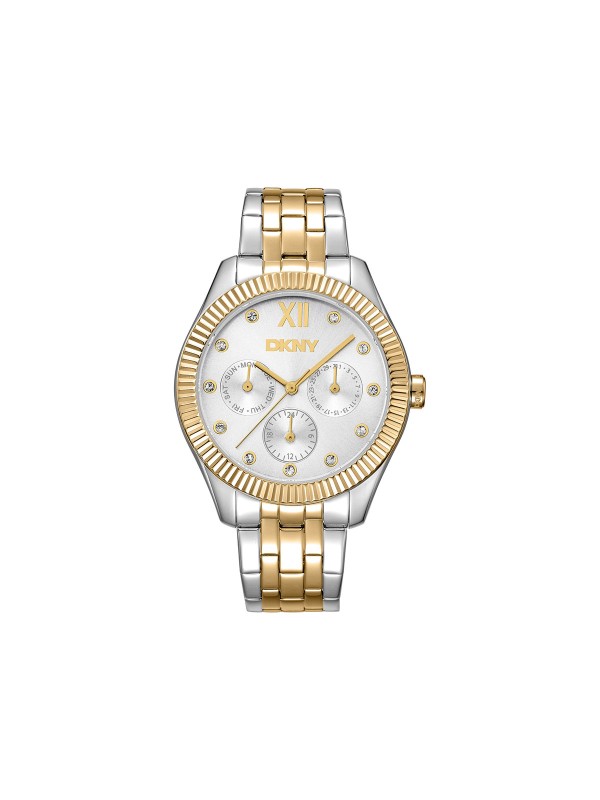 DKNY DK1L128M0085 sportski ženski sat u kombinaciji srebra i žutog zlata, sa multifunkcionalnim mehanizmom, cirkonima i čeličnom narukvicom.