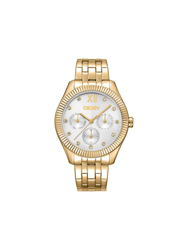 DKNY DK1L128M0065 sportski ženski sat u boji žutog zlata sa srebrnim brojčanikom, multifunkcionalnim mehanizmom, cirkonima i čeličnom narukvicom.