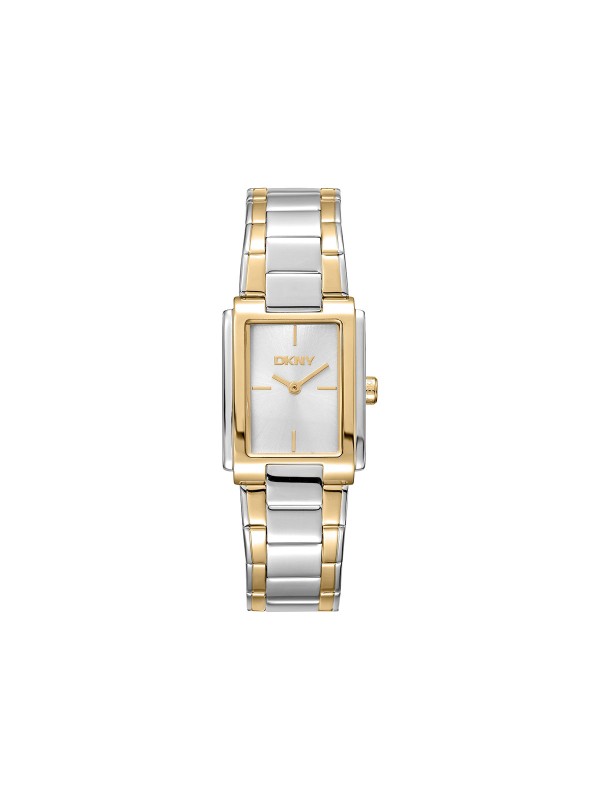 DKNY DK1L121M0085 elegantni ženski sat pravougaonog oblika u kombinaciji srebra i žutog zlata, sa zlatnim brojčanikom i čeličnom narukvicom.