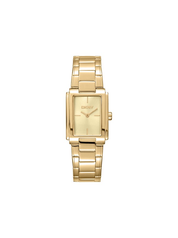 DKNY DK1L121M0065 elegantni ženski sat pravougaonog oblika u boji žutog zlata, sa zlatnim brojčanikom i čeličnom narukvicom. Klasičan i luksuzan dizajn.