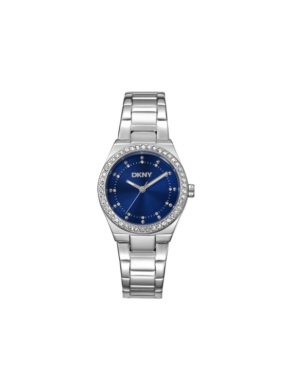 DKNY DK1L100M0055 elegantni ženski sat u boji srebra sa cirkonima i teget brojčanikom. Čelična narukvica, kvarcni mehanizam i vodootpornost do 50m.