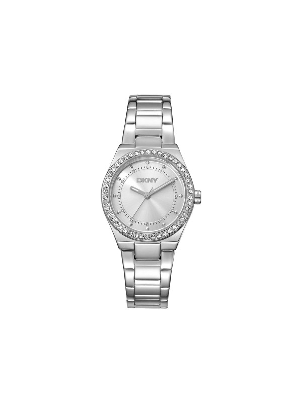 DKNY DK1L100M0045 elegantni ženski sat u boji srebra sa cirkonima na kućištu i brojčaniku. Čelična narukvica, kvarcni mehanizam i vodootpornost do 50m.