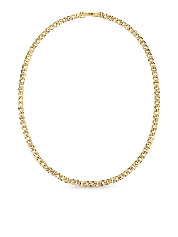 Guess My Chains muška ogrlica u boji žutog zlata, masivniji lanac širine 8 mm. Moderan i upečatljiv detalj za urban i svakodnevni stil.