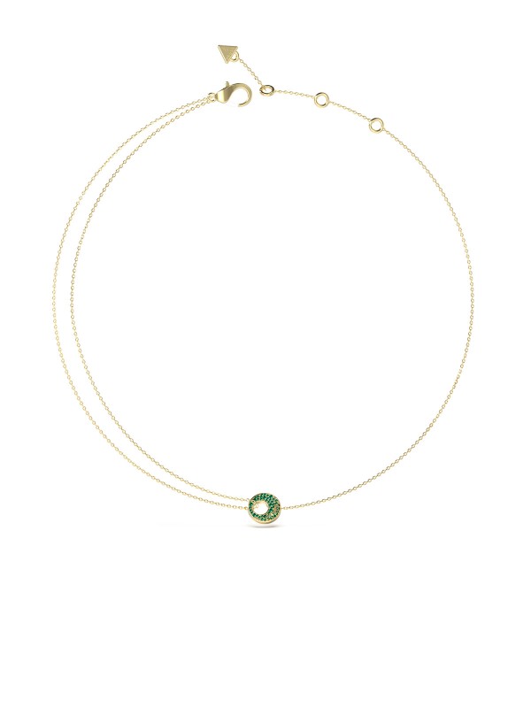 Guess Blooming Summer ženska ogrlica u boji žutog zlata sa zelenim cirkonima. Elegantna ogrlica sa kružnim detaljem za sofisticirane i letnje kombinacije.
