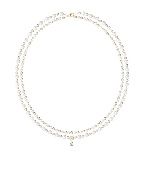 Guess ženska ogrlica Tiny Pearly u boji žutog zlata, dvoredni dizajn sa biserima, kristalima i cirkonima. Elegantna ogrlica za sofisticiran i moderan izgled.
