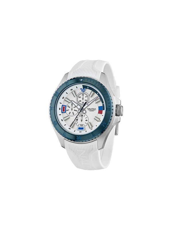 Nautica NCT Leeway muški sportski sat sa srebrnim čeličnim kućištem, belim brojčanikom i belom silikonskom narukvicom za moderan, aktivan stil.