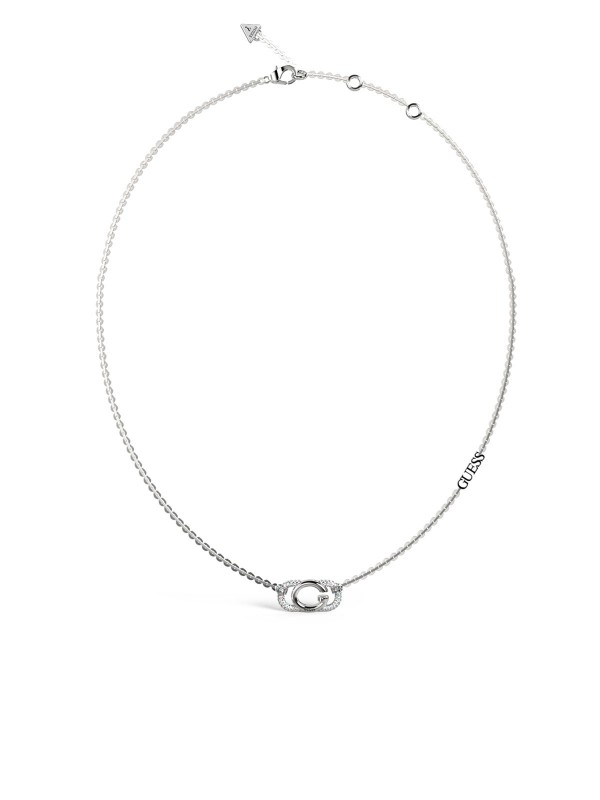 GUESS srebrna ogrlica s G logom i cirkonima, podesiva dužina 41-46cm. Idealna za elegantan izgled.