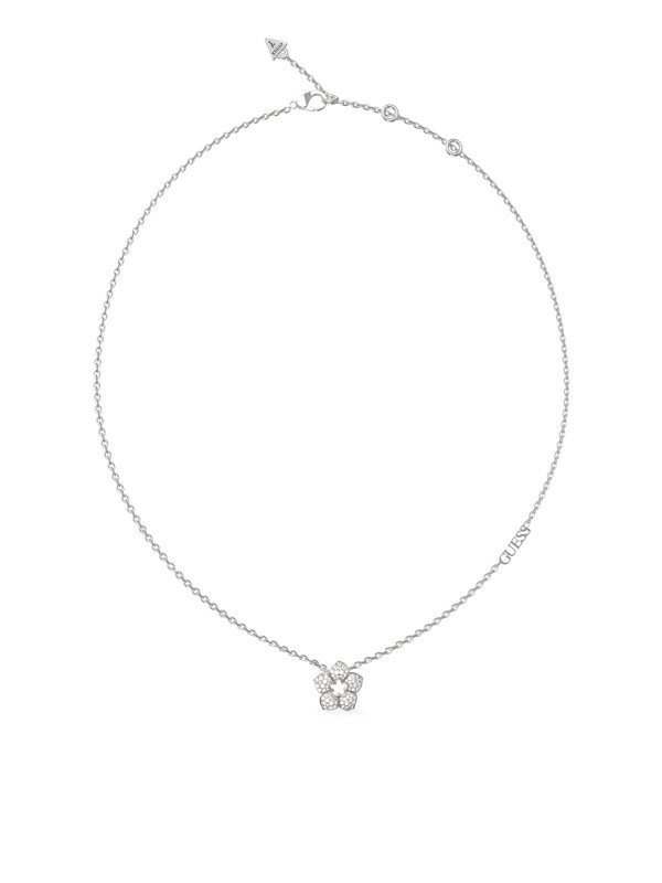 Elegantna "SHINING WINTER" GUESS ogrlica u boji srebra s cvetnim priveskom i pavé cirkonima, podesiva dužina 41-46cm.