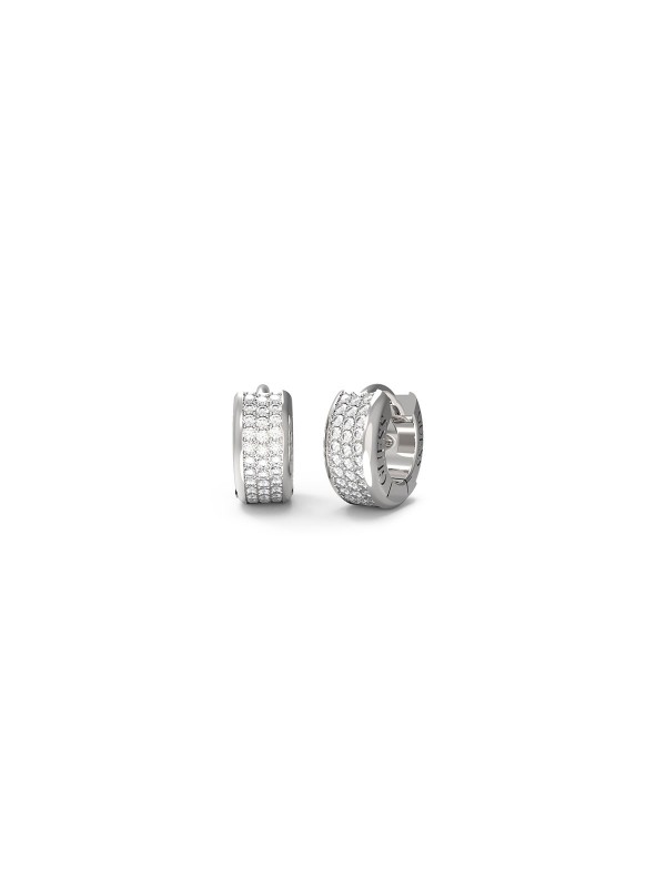 Elegantne GUESS minđuše: mini alke od nerđajućeg čelika u boji srebra sa pavé cirkonima, veličine 12mm.