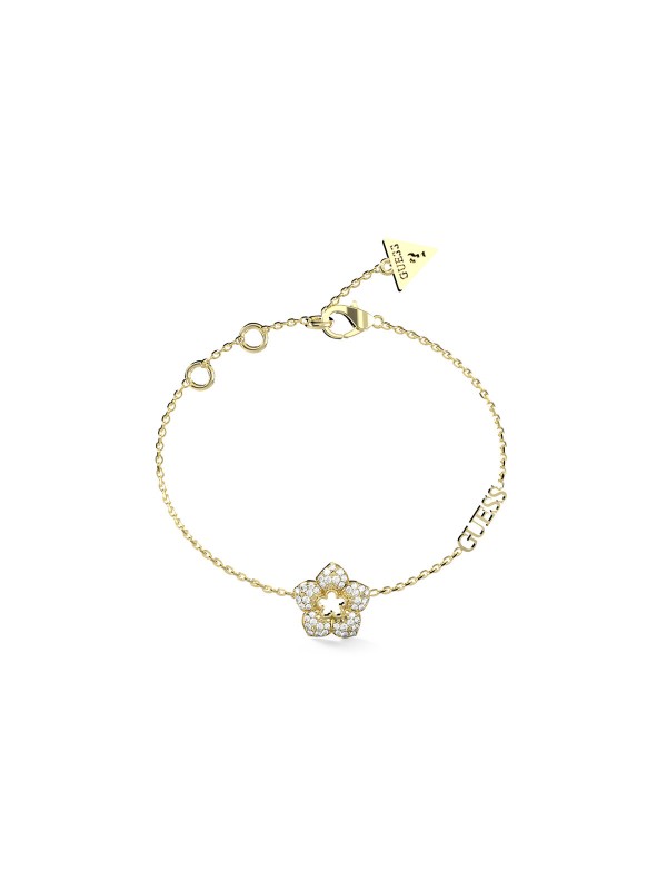 GUESS narukvica u boji žutog zlata sa cvetom i pavé cirkonima, podesiva dužina 14,6cm + 3,8cm. Idealna za elegantan zimski sjaj.