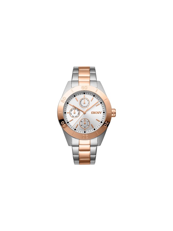 Elegantni DKNY ženski sat sa 38mm kućištem u dve boje, srebrni brojčanik, čelična narukvica, vodootporan do 50m, multifunkcionalan.