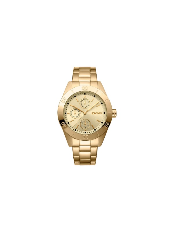 Elegantni DKNY ženski sat sa 38mm kućištem u boji žutog zlata, zlatnim brojčanikom i čeličnom narukvicom. Vodootporan do 50m, multifunkcionalan.