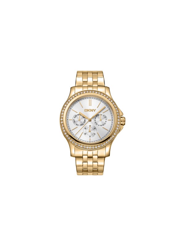 Elegantni DKNY ženski sat sa zlatnim kućištem i cirkonima, srebrnim brojčanikom i čeličnom narukvicom. Vodootporan do 50m, prečnik 40mm.