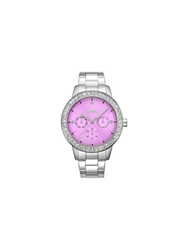 Elegantni DKNY ženski sat sa srebrnim kućištem i cirkonima, pink brojčanikom i čeličnom narukvicom. Vodootporan do 50m.