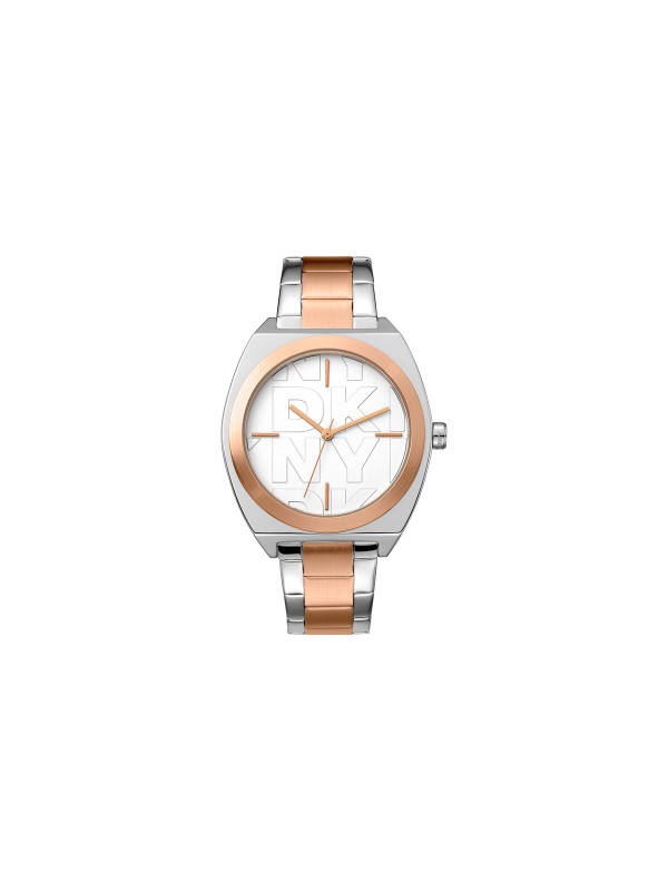 Elegantni DKNY ženski sat sa kućištem i narukvicom u dve boje, srebrni brojčanik, vodootporan do 50m, prečnik 38mm.