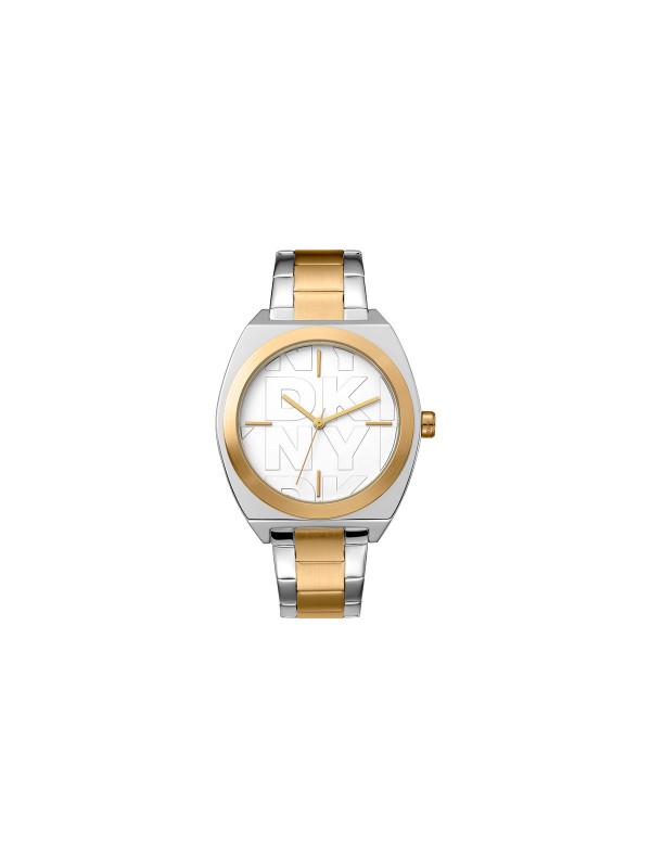 Elegantni DKNY ženski sat sa srebrnim brojčanikom i čeličnom narukvicom u dve boje. Vodootporan do 50m, prečnik 38mm.