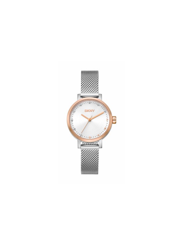 Elegantni DKNY ženski sat sa roze zlatnim kućištem, srebrnim brojčanikom i čeličnom mesh narukvicom. Vodootporan do 50m.