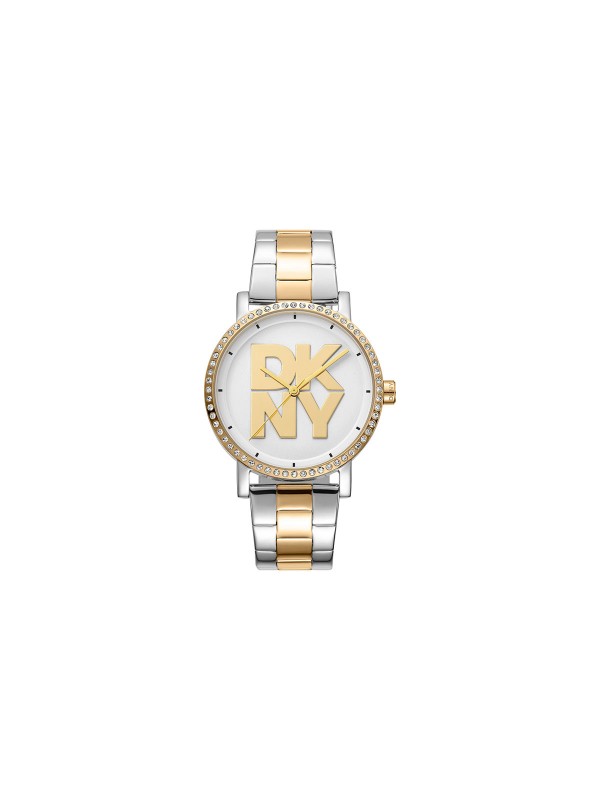 Elegantni DKNY ženski sat sa cirkonima, srebrnim brojčanikom i čeličnom narukvicom u dve boje. Vodootporan do 50m, prečnik 36mm.